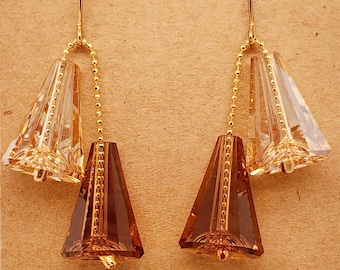 Champagne & Brown Crystal Drop Earrings, large bell-shaped Swarovski crystals dangle asymmetrically from faceted ball chain, ear wires