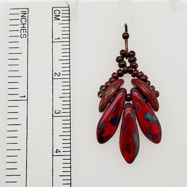 Godet Earrings in opaque red with Picasso finish, with dagger beads, crescent beads, and seed beads, ear wires