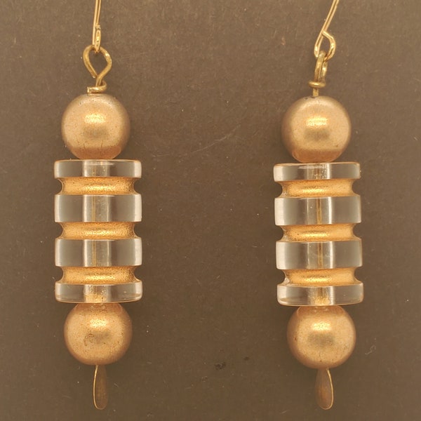 Funky Minimalist Gold Finish Earrings, 8mm gold glass pearls and clear oval plastic bead with indented gold rings, ear wires