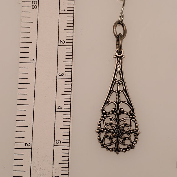 Antique Silver Victorian Style Earrings are metal stampings with gorgeous and ornate detail, silver tone ear wires