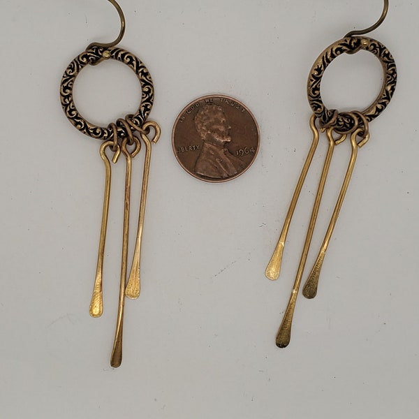 Ring & Paddle Earrings, antique brass tone, patterned front on ring, flat back, 3 paddle dangle on each, ear wires