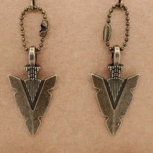 Arrowhead dangle earrings, faceted ball chain loop attaches to antique brass ear wire
