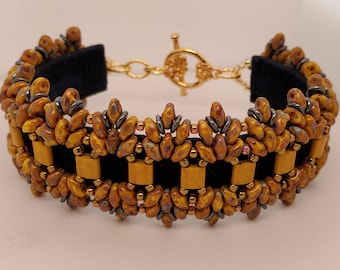 Tila Deco Bracelet in mustard tones, Tila, SuperDuo, O-beads, and seed beads. Gold finish toggle clasp