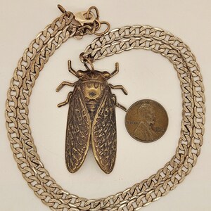 May include: A gold-toned necklace with a detailed cicada pendant. The necklace is made of a silver chain with a curb link pattern. The pendant is a realistic depiction of a cicada with intricate details on its wings and body.