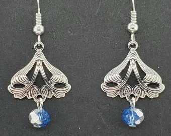 Art Nouveau Style Silver & Blue Earrings, swirled leaf pattern, hollow slightly indented back, round blue and silver bead dangle, ear wires
