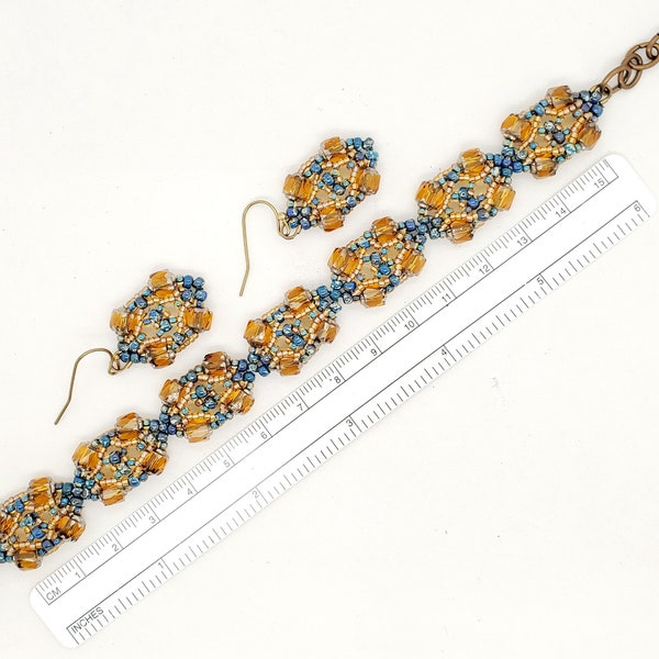 Basilica Bracelet and Earrings, blue and topaz beads, antique brass tone lobster clasp and ball end ear wires