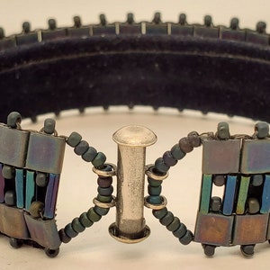 Blue Tila & Bugle Bracelet, band style, matte blue iris Tila tiles, iridescent blue iris bugle beads, matte blue seed beads, slide clasp