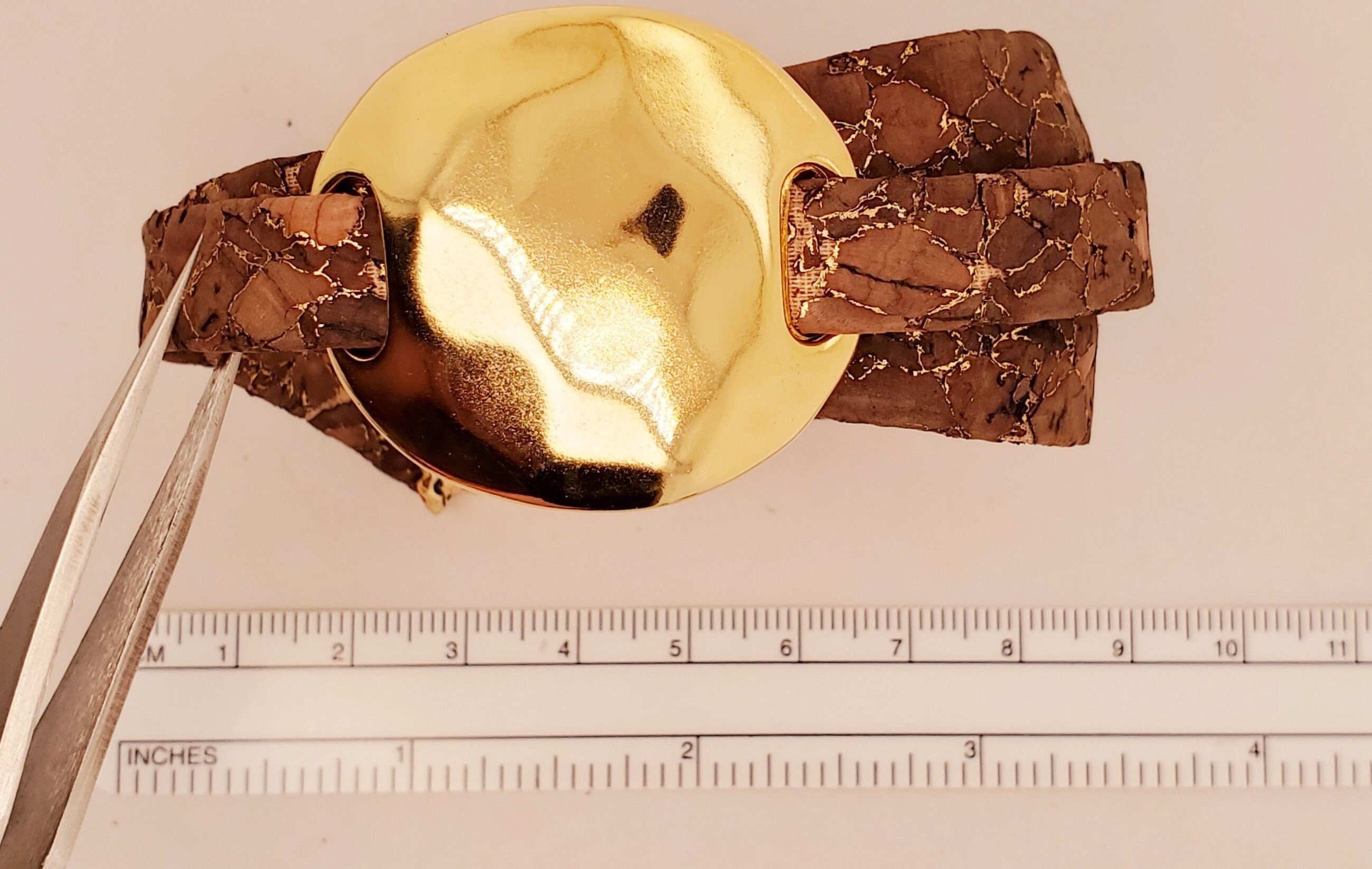 Triple-wrap Cork Bracelet in browns and gold with shiny domed gold slider, TierraCast crimp cord ends, ball joint clasp