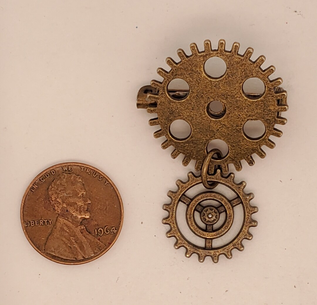Gear Brooch, Antique Brass Finish, Larger Gear With Smaller Dangle Gear