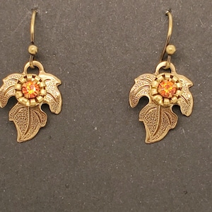 Autumn Leaves Earrings, petite antique gold leaves with orange crystal in multi-prong setting, matching ear wires
