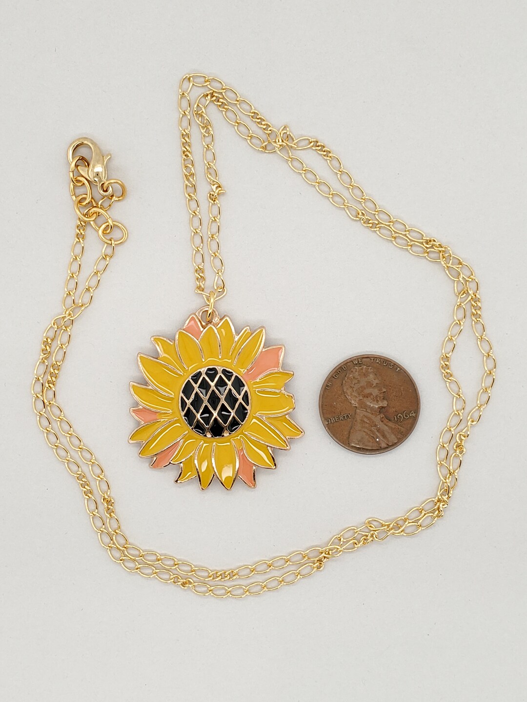 Enameled Sunflower Pendant Necklace, Bright Yellow and Coral Petals