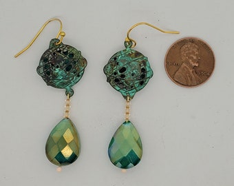 Green Satellite & Drop Earrings, hollow lentil shape, green patina, with large, faceted teardrop dangle, gold finish ear wires