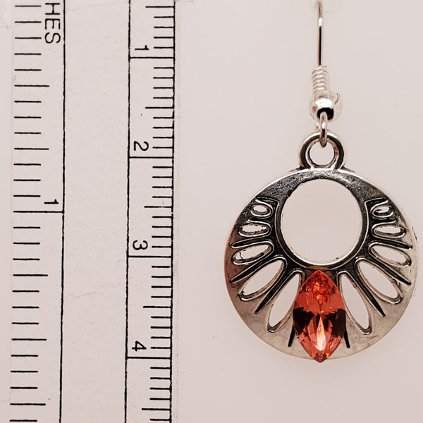 Silver & Padparadscha Earrings, gorgeous elliptical crystals on dapped disks with many oval cutouts and round opening, ear wires