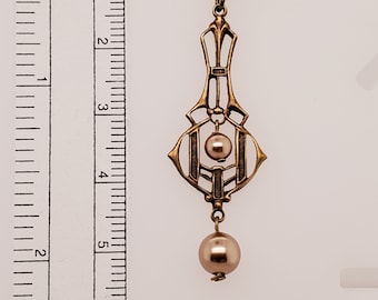 Art Deco Elegant Pearl Earrings in antique brass with dangling bronze Swarovski crystal pearls in 4 and 6mm sizes, ball end ear wires
