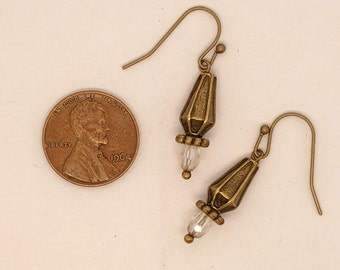 Antique Brass & Crystal Earrings, teardrop clear crystal, daisy spacer, ribbed antique brass teardrop, ear wires