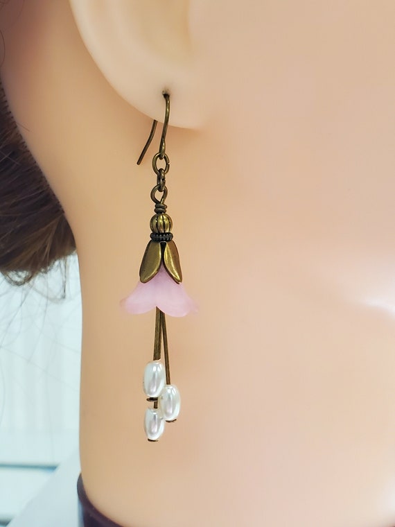 Pink Flower Drop Earrings With Dangles of Rice Pearls, Antique