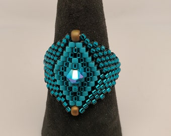 Silver Blue...Ring, 5 color options, a diamond shaped top with Swarovski crystal and herringbone band