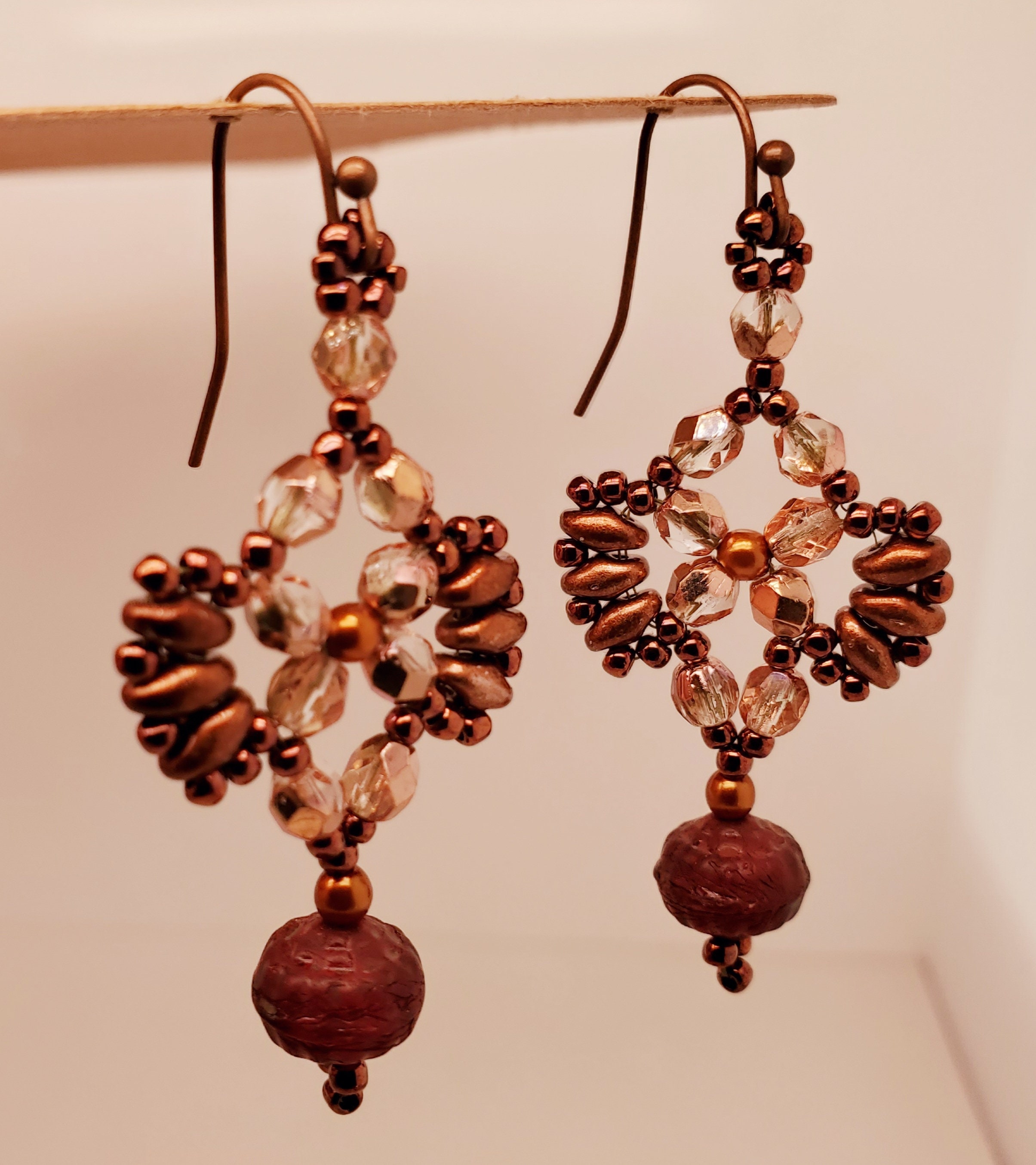 Red Bronze Earrings With Dusky Rose Drop Metallic Bronze Etsy UK