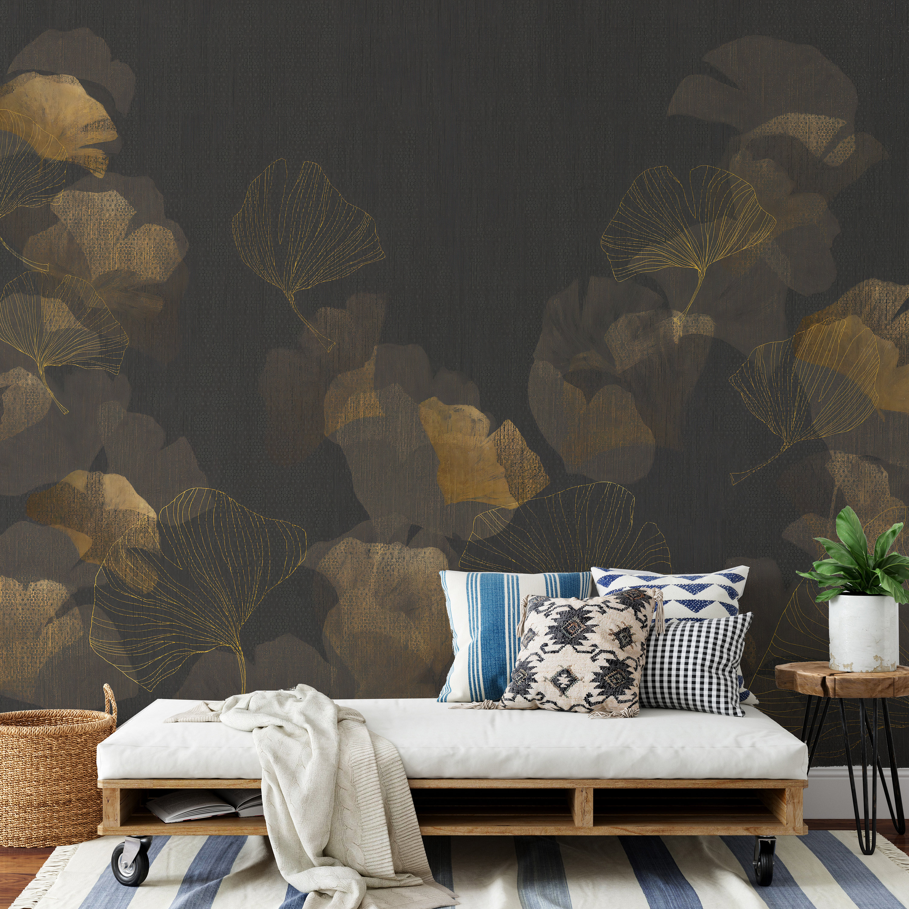 Black and Gold Leaves Wallpaper Mural – Peel & Stick Removable Wall ...
