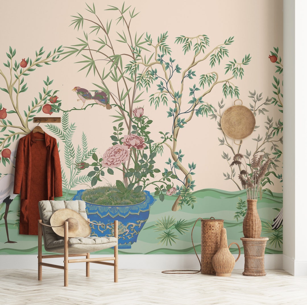 Floral and Bird Design Scenic Wall Art - Peel and Stick Wallpaper Mural ...