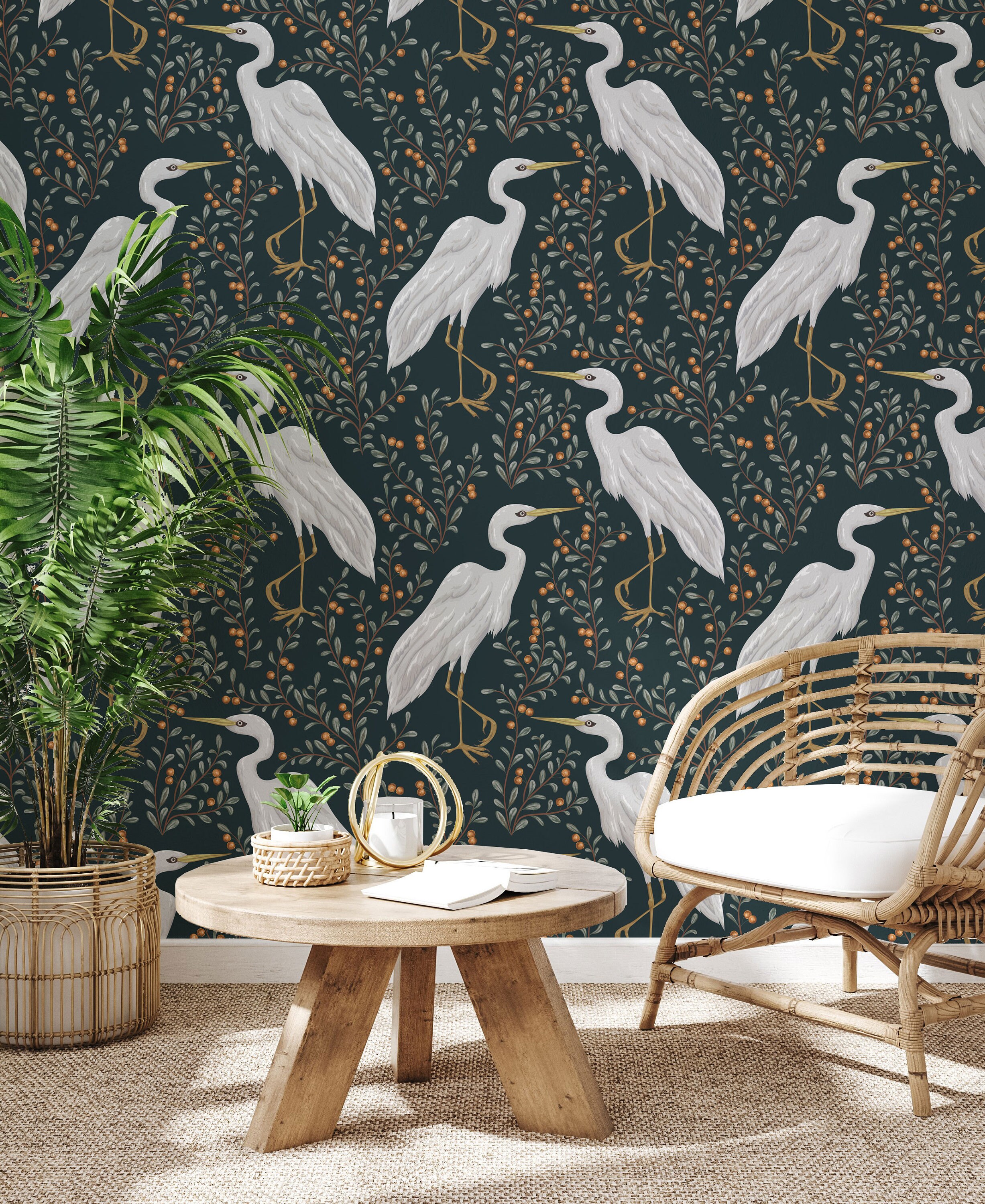 Heron Bird Wallpaper Self Adhesive Removable Rustic Botanical Etsy