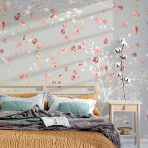 Silver Background with Red Flower Design with Light Color Tree Veins Peel and Stick Wallpaper, Red Flora Wall Mural