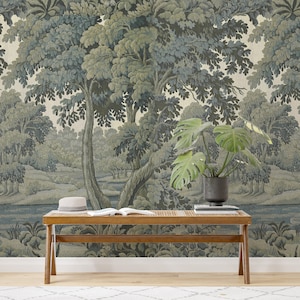 Sage green botanical wallpaper mural with detailed trees and foliage, removable and easy to apply.
