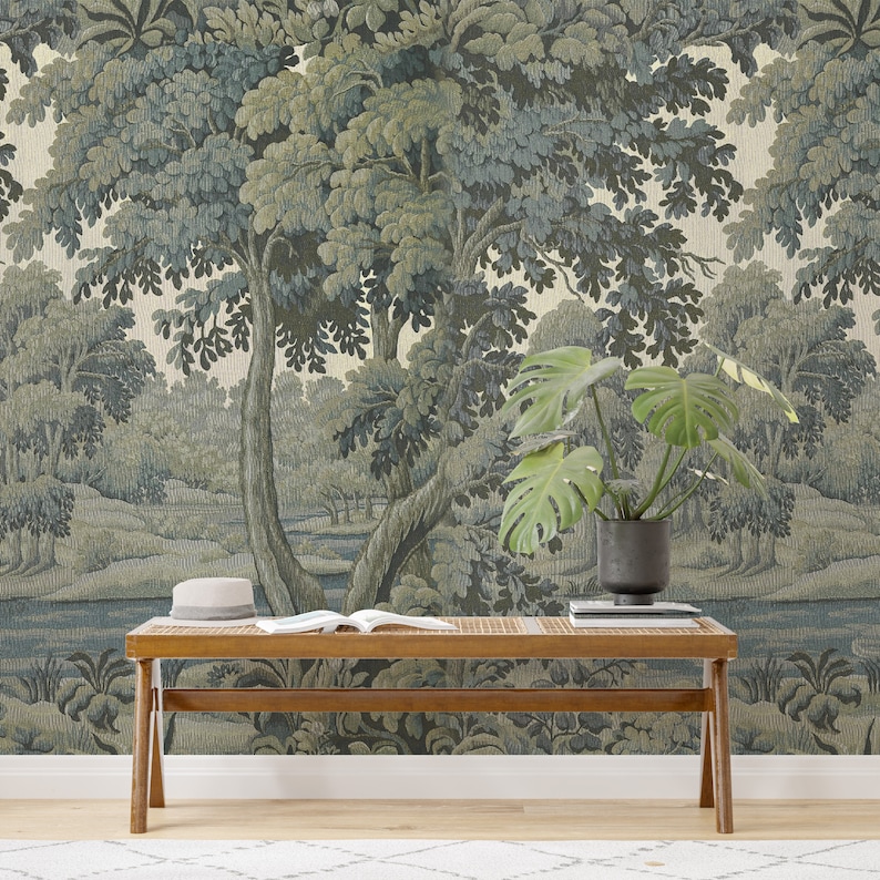Sage green botanical wallpaper mural with detailed trees and foliage, removable and easy to apply.