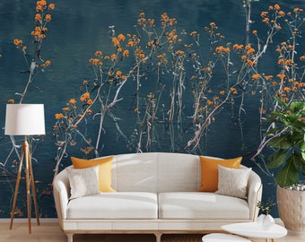 Floral Art Print Wallpaper Mural - Orange Wildflowers Peel and Stick Wallpaper-C192