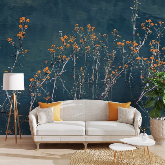 Floral Art Print Wallpaper Mural - Orange Wildflowers Peel and Stick Wallpaper-C192