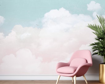 Papel pintado de nubes pastel, Mural de pared de cielo y rosa, Papel pintado despegar y pegar-C450