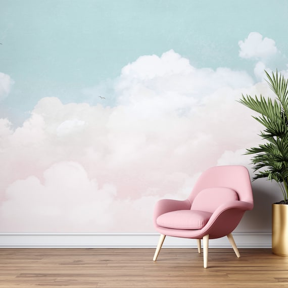 Pastel Cloud Wallpaper - Sky and Pink Wall Mural - Peel and Stick Wallpaper-C450