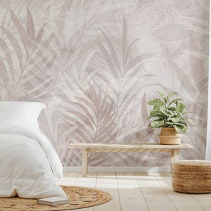 Carta da parati murale con foglie scandinave - Arte murale astratta botanica - Carta da parati naturale staccabile e adesiva-C225