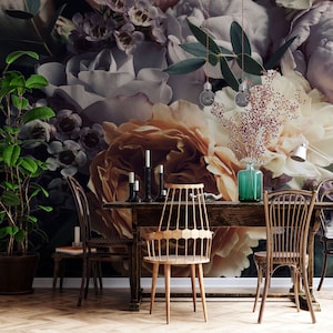 Floral Watercolor Dark Wallpaper Mural - Peel and Stick Wall Art