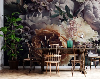 Mural de papel pintado oscuro con acuarela floral - Peel and Stick Wall Art