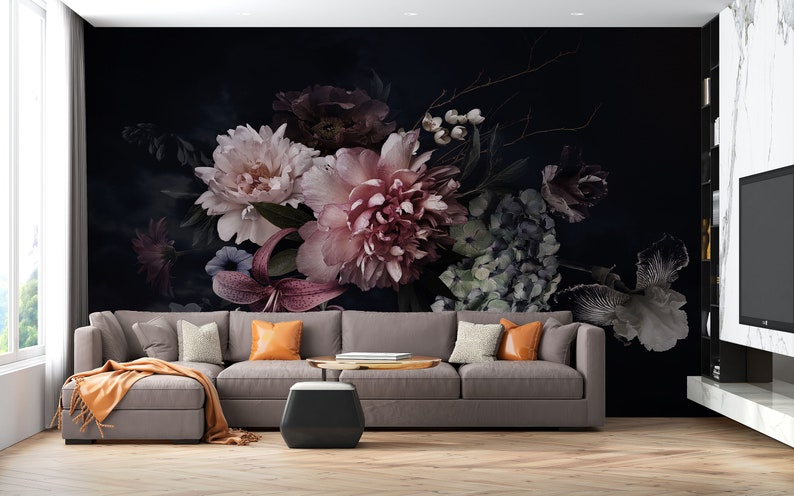 Dark Floral Wallpaper : Peel and Stick Vintage Flowers Self Adhesive ...