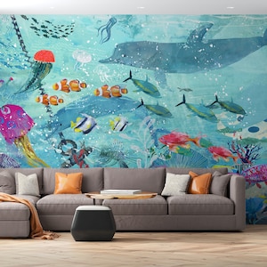Carta da parati subacquea blu con pesci, delfini e stelle marine staccabili e incollabili di 29 Wallart