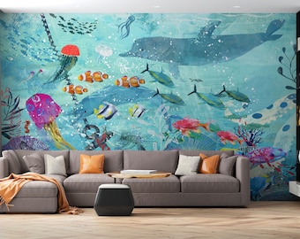 Blue Underwater Wallpaper with Fish, Dolphin and Starfish Peel and Stick by 29 Wallart