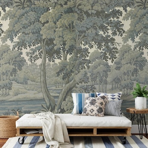 Removable scenic wallpaper in sage green with a botanical design of trees and natural elements.