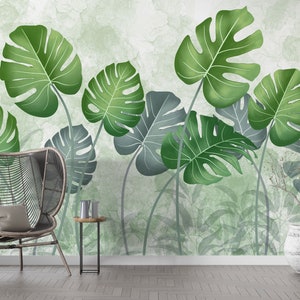 Carta da parati con foglie verdi tropicali Carta da parati autoadesiva a foglia grande verde chiaro di 29 Wallart