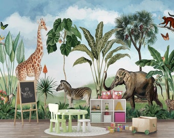 Jungle Safari Kids Wallpaper - Wall Mural - Lion - Elephant - Giraffe - Watercolor animals - Tropical Wallpaper by 29 Wallart