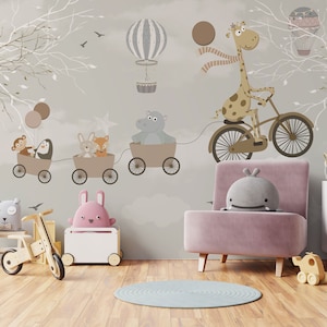 Flying Animals Kids Wallpaper: Hot Air Balloon Peel and Stick