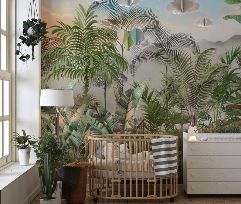 Exotic Tropical Jungle Wallpaper | Green Peel and Stick Mural-c479 - Etsy
