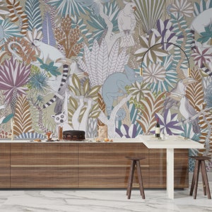 Tropical Animals & Foliage Wall Mural - Peel and Stick Wallpaper - Nursery Wallpaper - Tropical Wallpaper