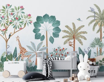 Charming Safari Jungle Wallpaper Mural - Tropical Animals and Flora Wall Art - Kids Nursery Wallpaper -Exotic Mural Wallpaper for Bedroom