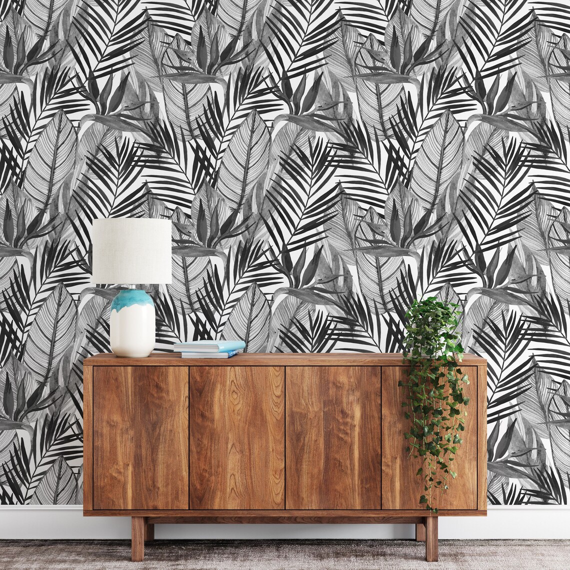 Black and White Palm Leaf Wallpaper: Watercolor Peel and Stick Mural - Etsy