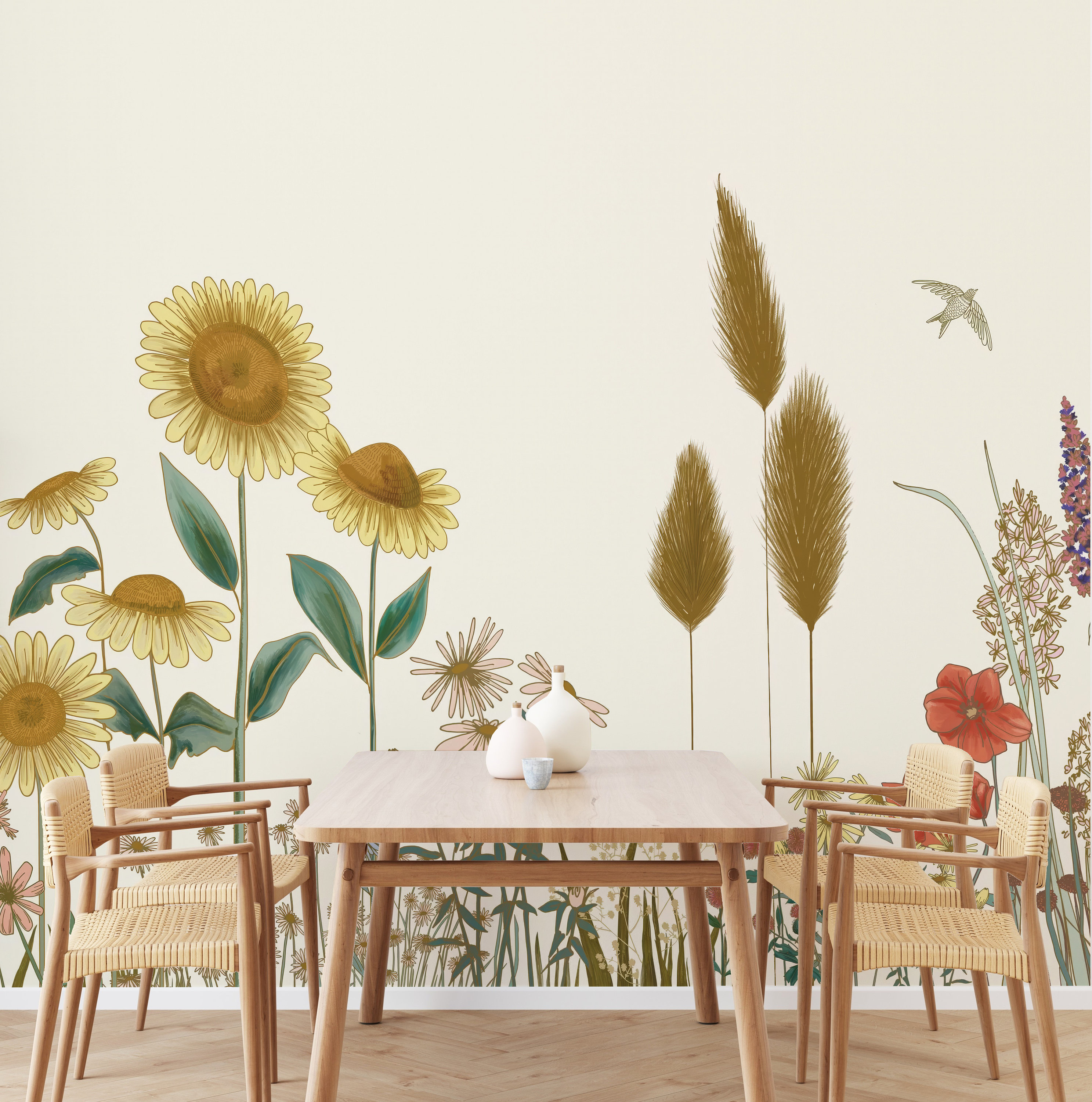 Artistic Wildflower Meadow Wallpaper - Peel and Stick Sunflower & Poppy ...