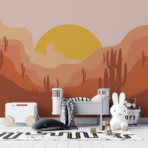 Carta da parati murale con cactus del deserto - Carta da parati arancione con tramonto e bastone - C455