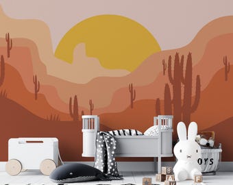 Desert Cactus Wallpaper Mural - Orange Sunset Peel and Stick Wallpaper-C455