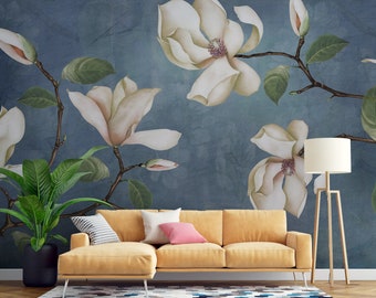 Magnolia Flower Wallpaper: Tranquil Blue Floral Peel and Stick